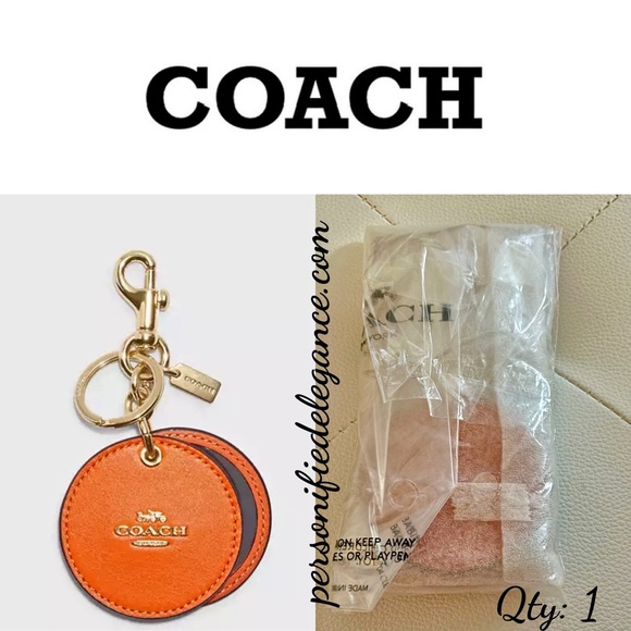 NEW Coach Smooth Leather Bright Orange Mirror Purse Bag Charm Keychain/Key Fob - Picture 1 of 15